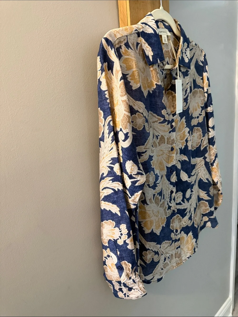 Tamara H. Navy Blue Shirt with Gold and Cream Floral Print, NWTs